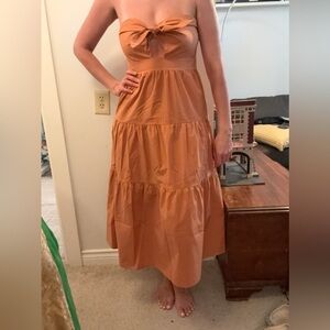 Strapless Rust-Tone Tiered Midi Dress